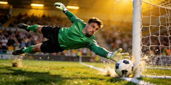 守门员飞身侧扑将必进球挡出门线的精彩扑救动作